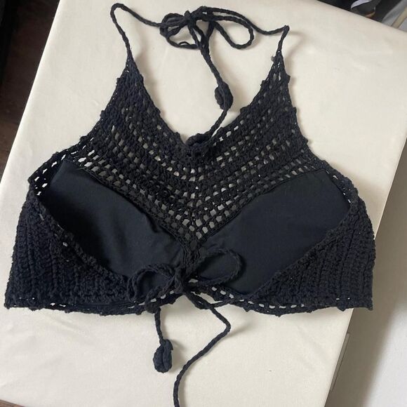 The Bikini Lab Black Crochet High Neck Halter Top Bikini Top Size Medium - Picture 5 of 8